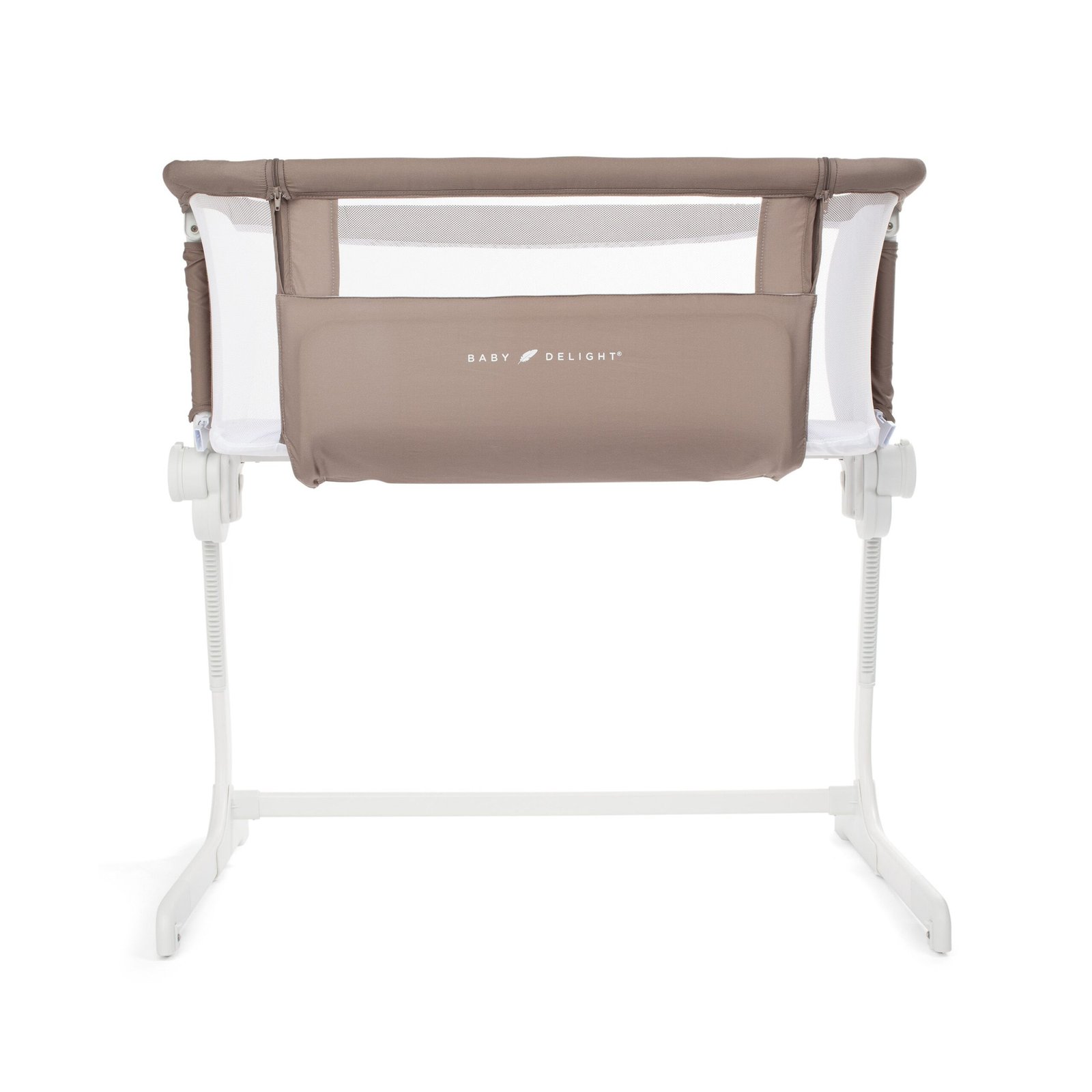 A studio product shot of a Baby Delight brand adjustable bedside baby bassinet, in gray, on a white background.