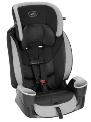 Studio product shot of an Evenflo brand booster and car seat for toddlers, on a white background.